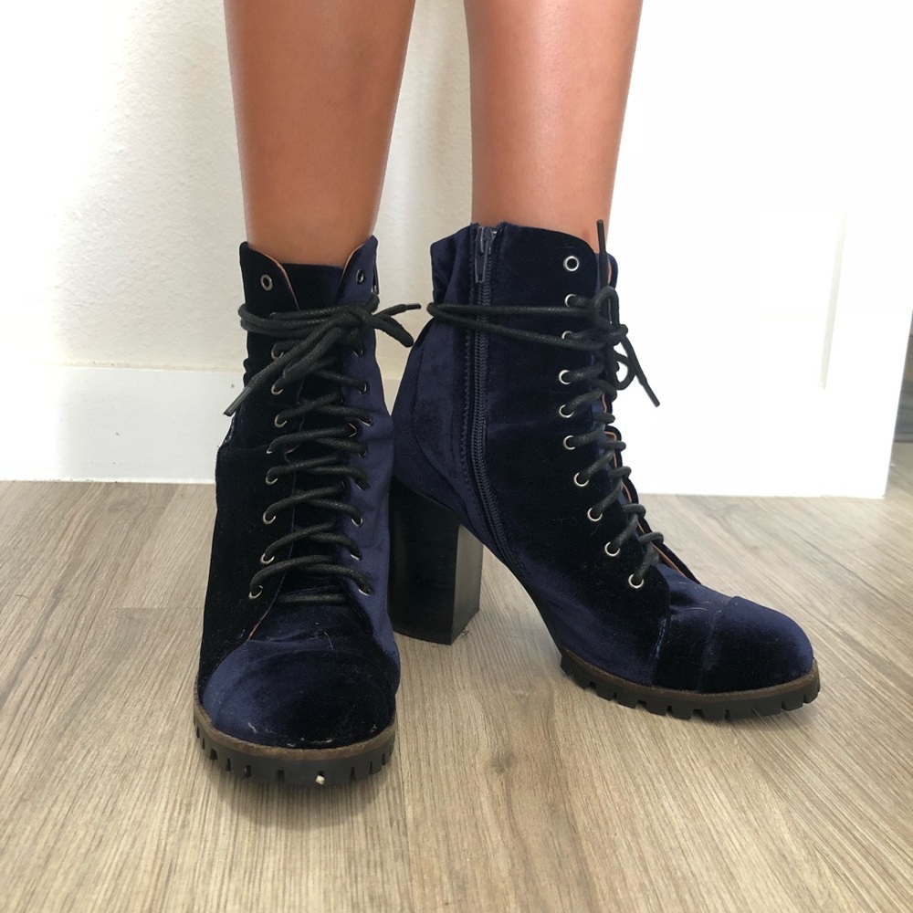 Navy blue velvet Jeffrey Campbell lace up booties